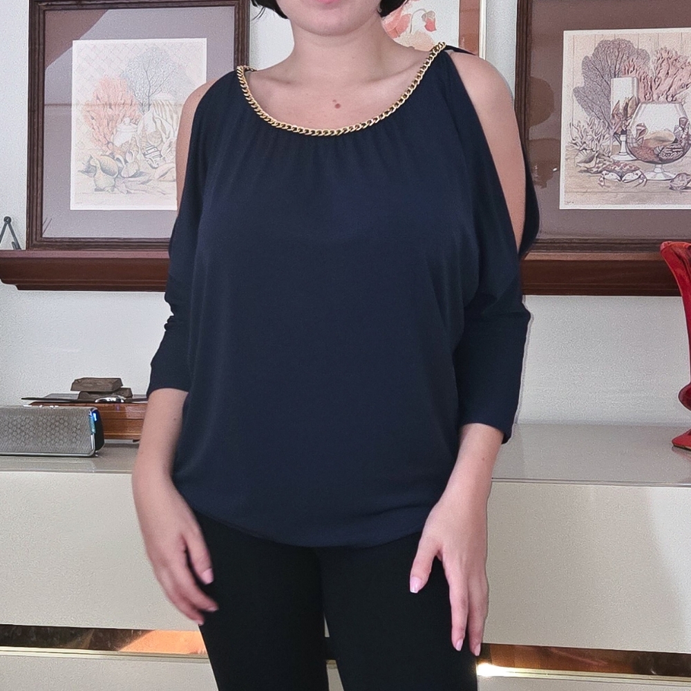 Michael Kors Navy 3/4 Sleeve Cold Shoulder Top